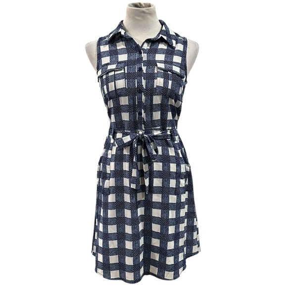 MONTEAU Navy Blue & White Checkered Plaid Sleeveless Midi Dress - Size Medium - Picture 3 of 16